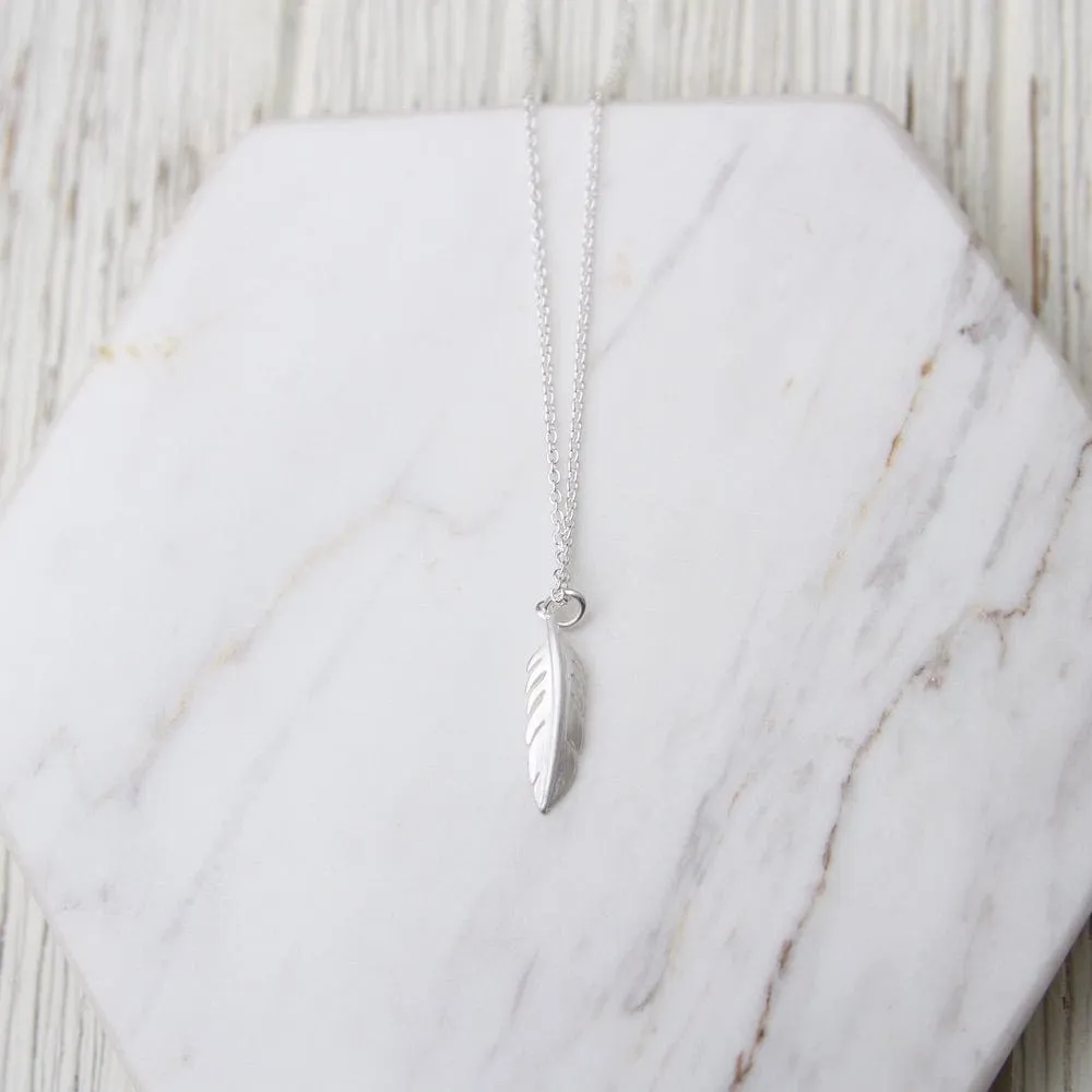 Tiny Feather Necklace - Brushed Sterling Silver