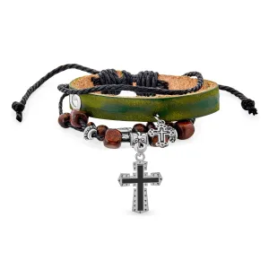 Unisex Boho Wrap Bracelet with Leather Wood Beads & Cross Charm for Men