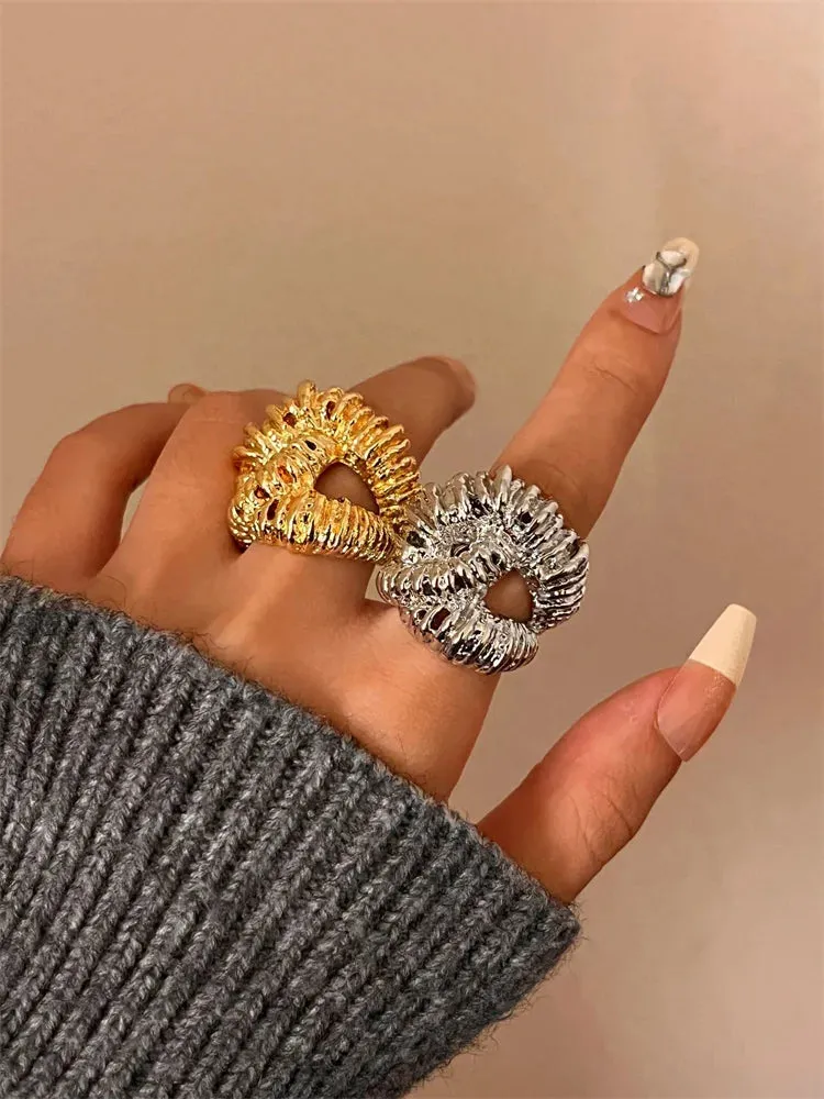 VAIGE Geometric Irregular Metal Textured Lava Cocktail Ring - Fashionable Zinc Alloy Jewelry for Parties and Events