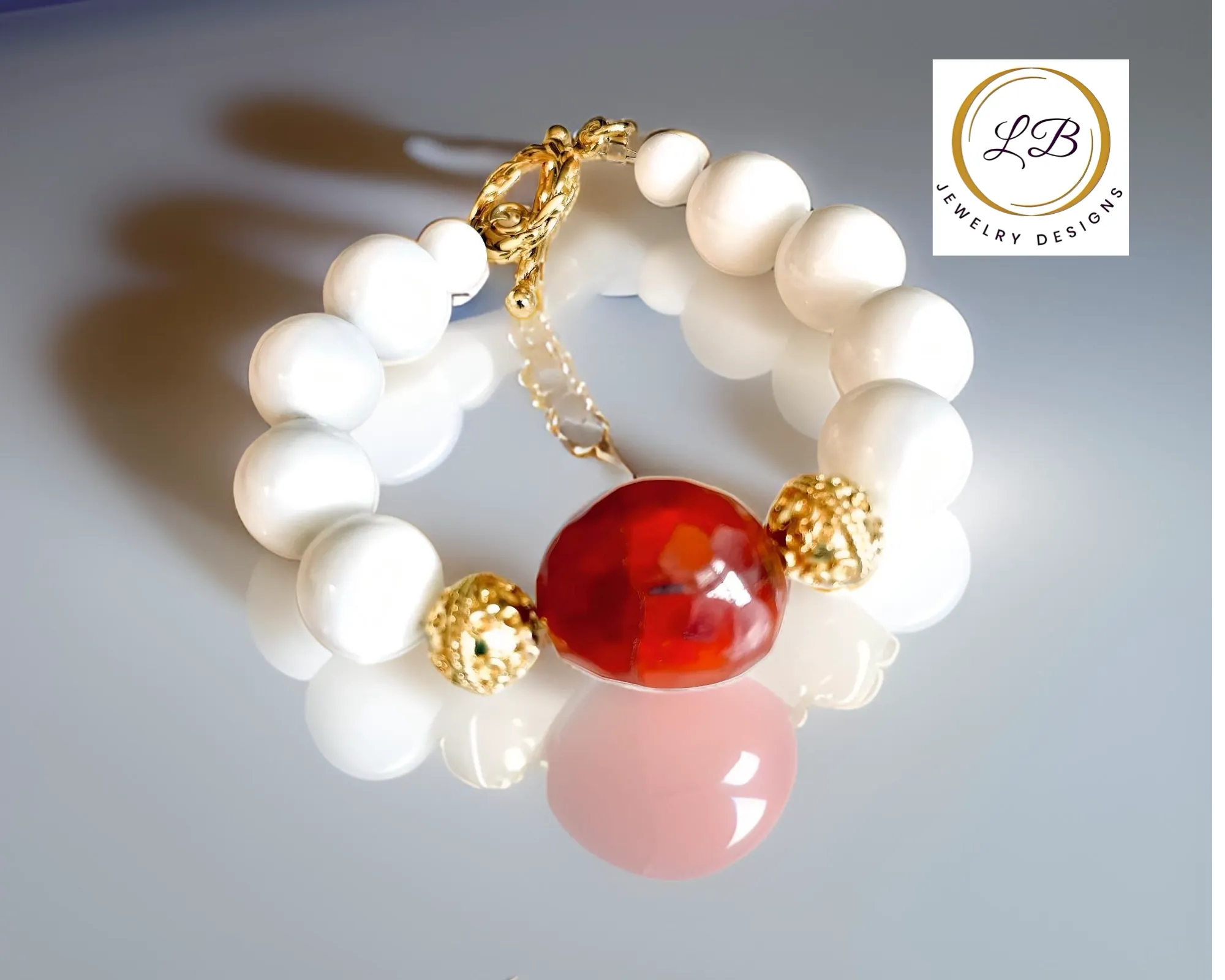 White Alabaster and Earth-Mined Carnelian Gemstone Beaded Bracelet