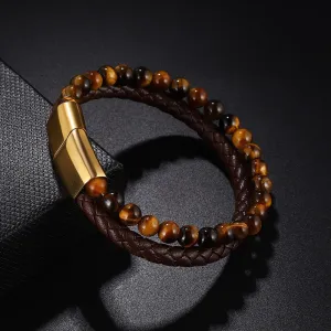 Yellow Tiger Eye in Genuine Leather Bracelet