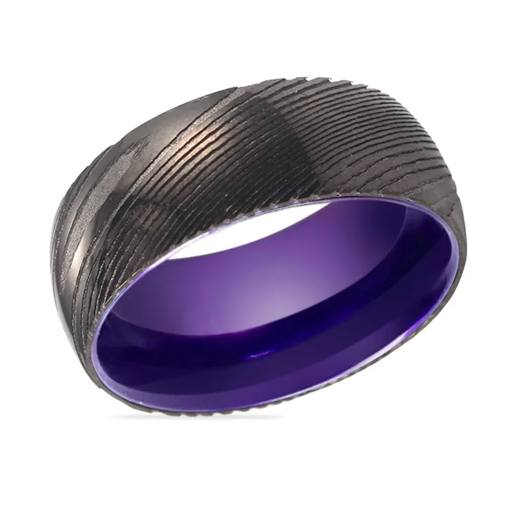 ZINNIA | Purple Ring, Gunmetal Damascus Steel Ring, Domed